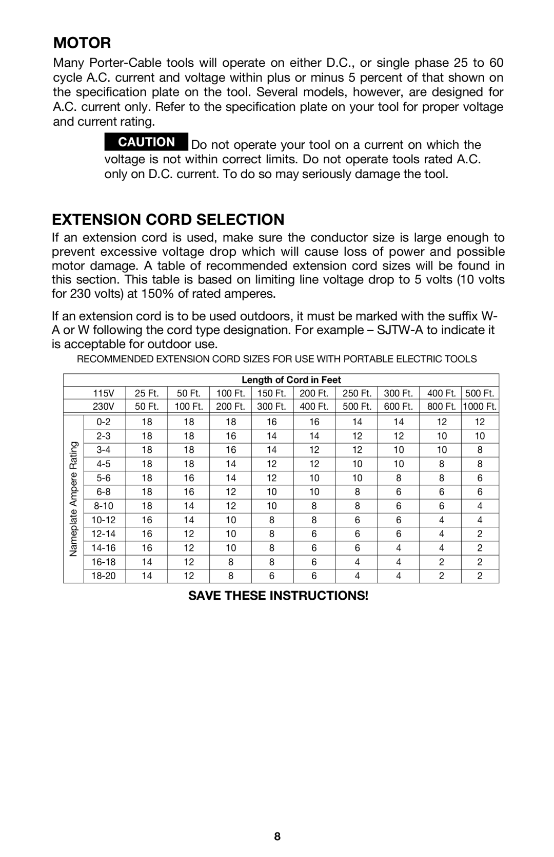 Porter-Cable 310 instruction manual Motor, Extension Cord Selection 