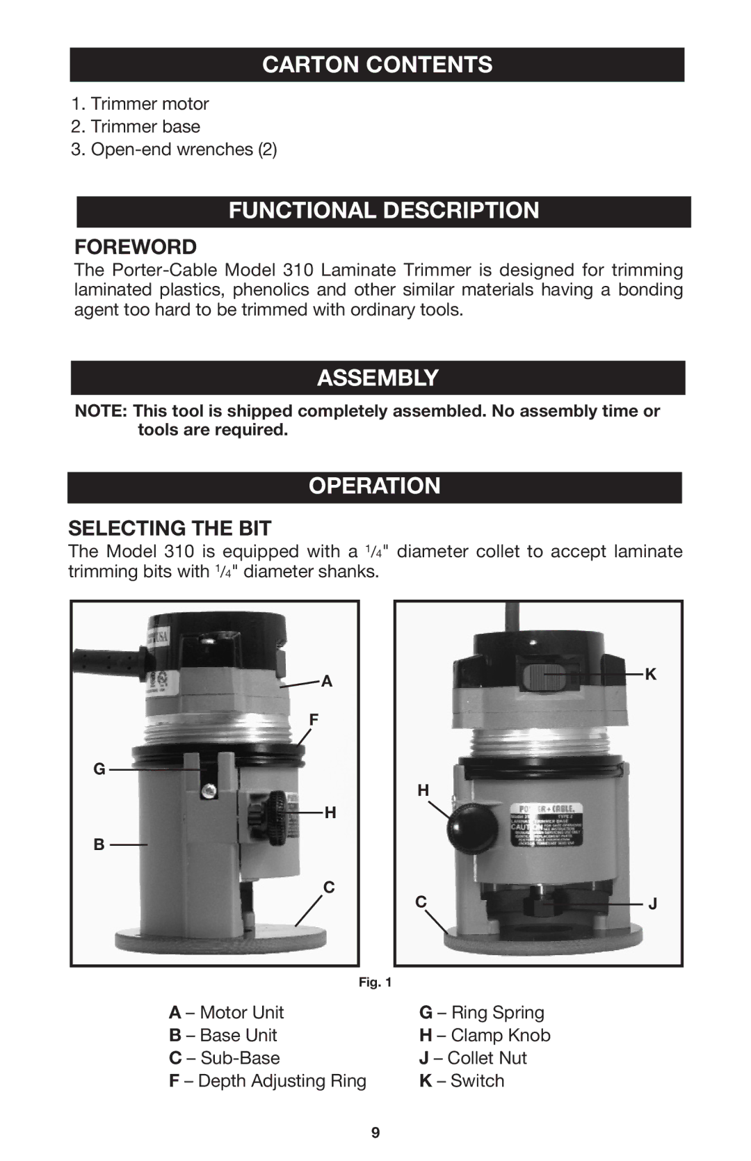 Porter-Cable 310 Carton Contents, Functional Description, Assembly Operation, Foreword, Selecting the BIT 