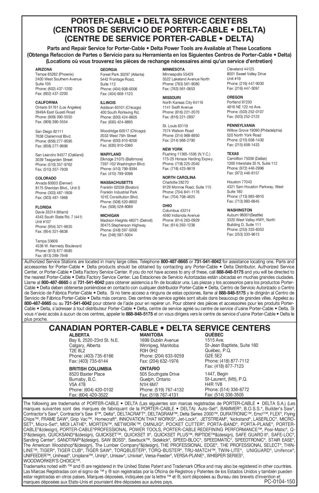 Porter-Cable 325MAG, 324MAG instruction manual Canadian PORTER-CABLE Delta Service Centers, Arizona Georgia Minnesota 