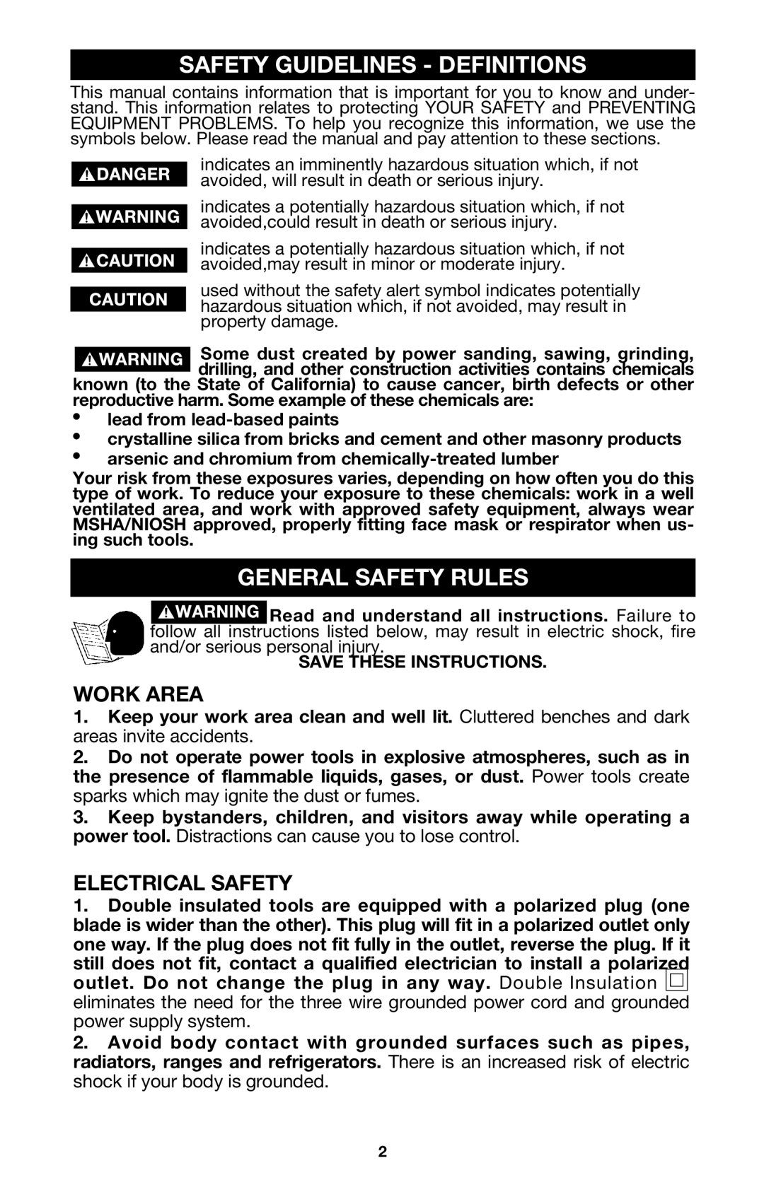 Porter-Cable 324MAG, 325MAG Safety Guidelines Definitions, General Safety Rules, Work Area, Electrical Safety 