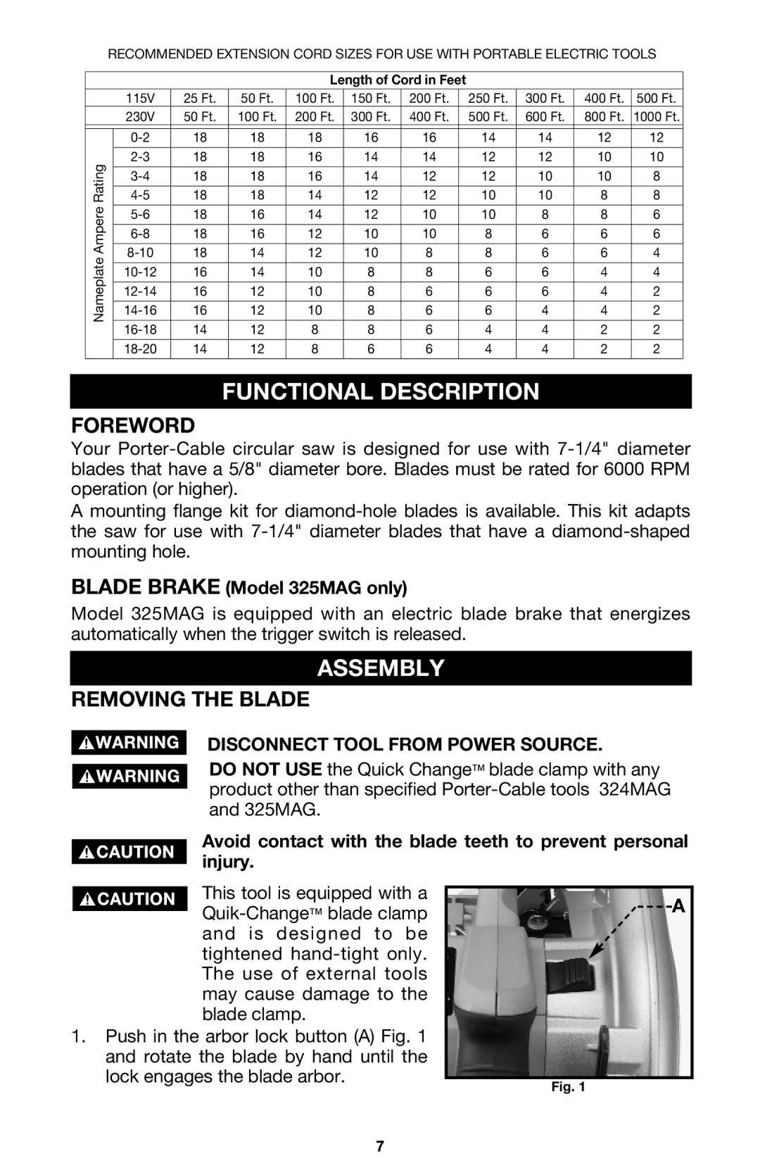 Porter-Cable 325MAG Functional Description, Assembly, Foreword, Removing the Blade, Disconnect Tool from Power Source 