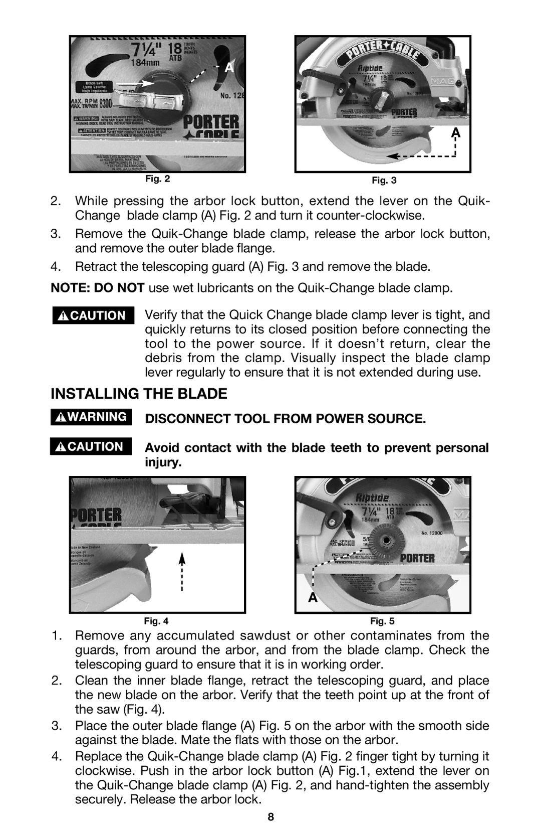 Porter-Cable 324MAG, 325MAG instruction manual Installing the Blade 