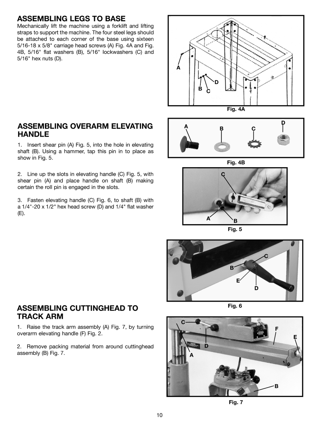 Porter-Cable 33-891 Assembling Legs to Base, Assembling Overarm Elevating Handle, Assembling Cuttinghead to Track ARM 