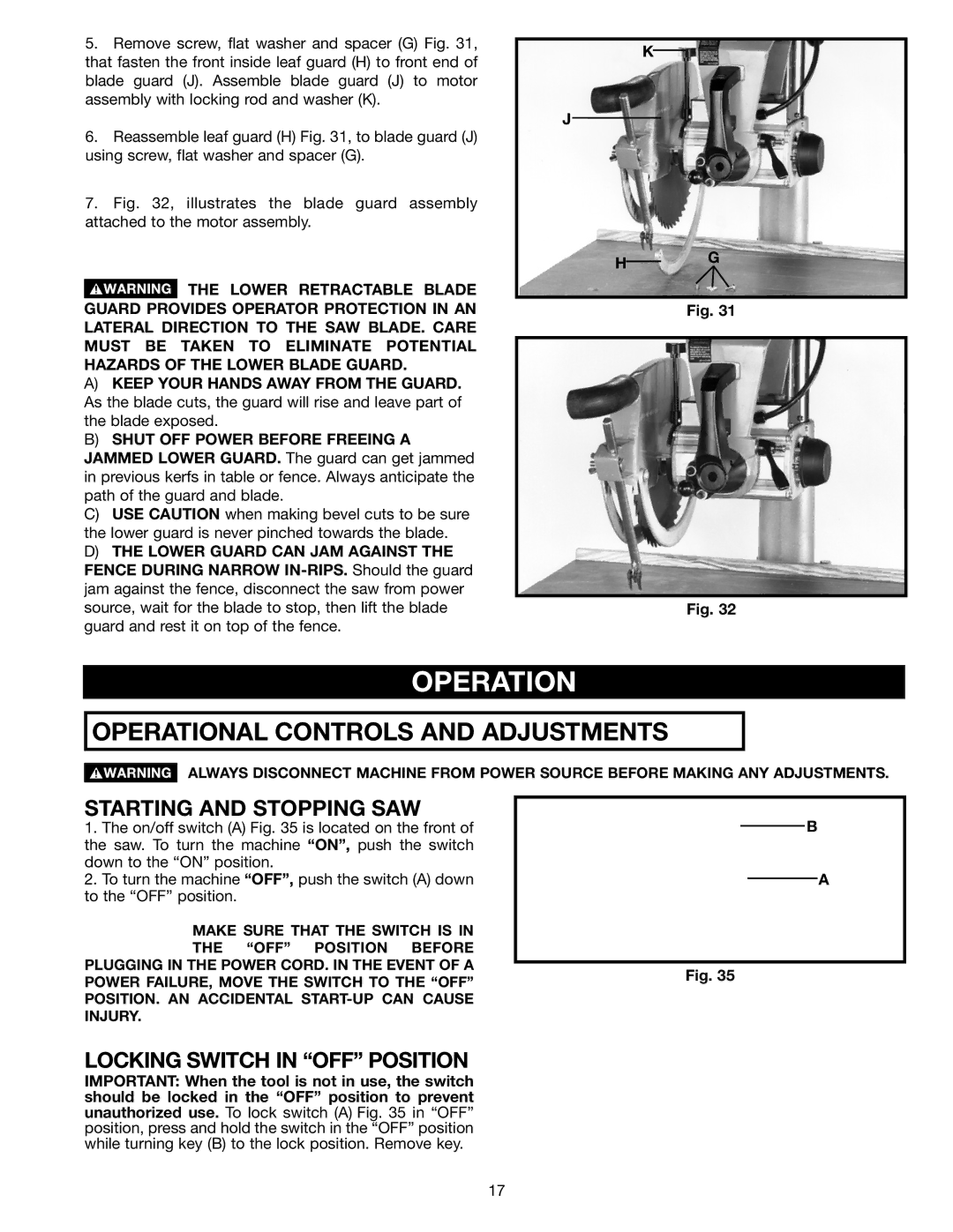 Porter-Cable 33-890, 33-892, 33-891, 33-895X Operation, Starting and Stopping SAW, Locking Switch in OFF Position 