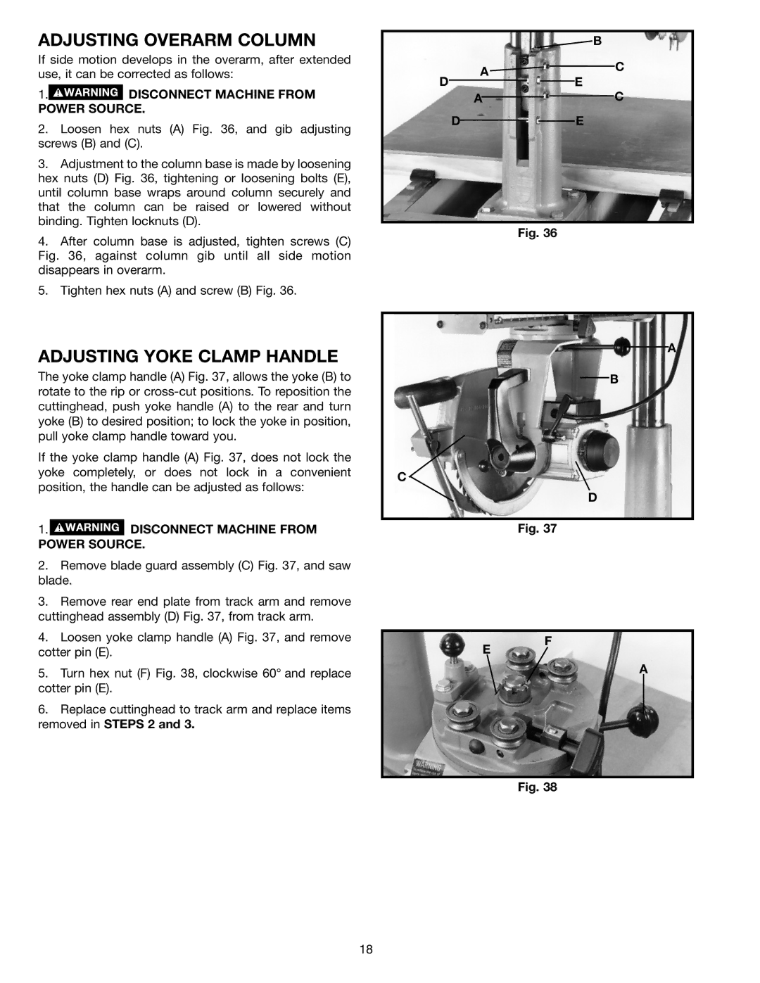 Porter-Cable 33-891, 33-892, 33-890, 33-895X instruction manual Adjusting Overarm Column, Adjusting Yoke Clamp Handle 