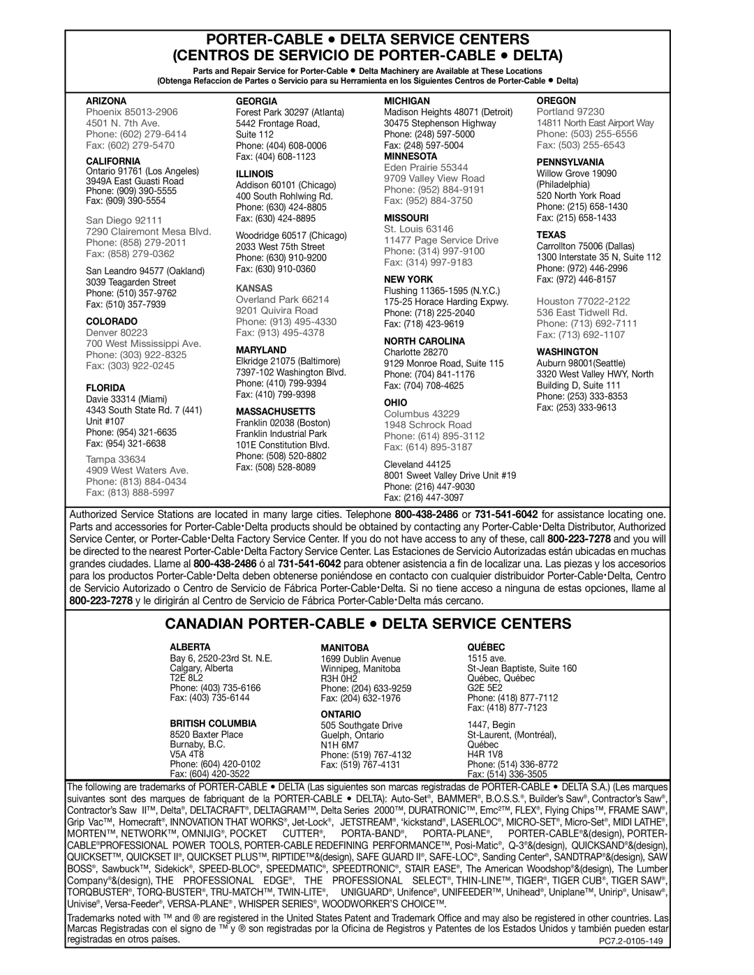 Porter-Cable 33-892, 33-890, 33-891, 33-895X instruction manual Canadian PORTER-CABLE Delta Service Centers 