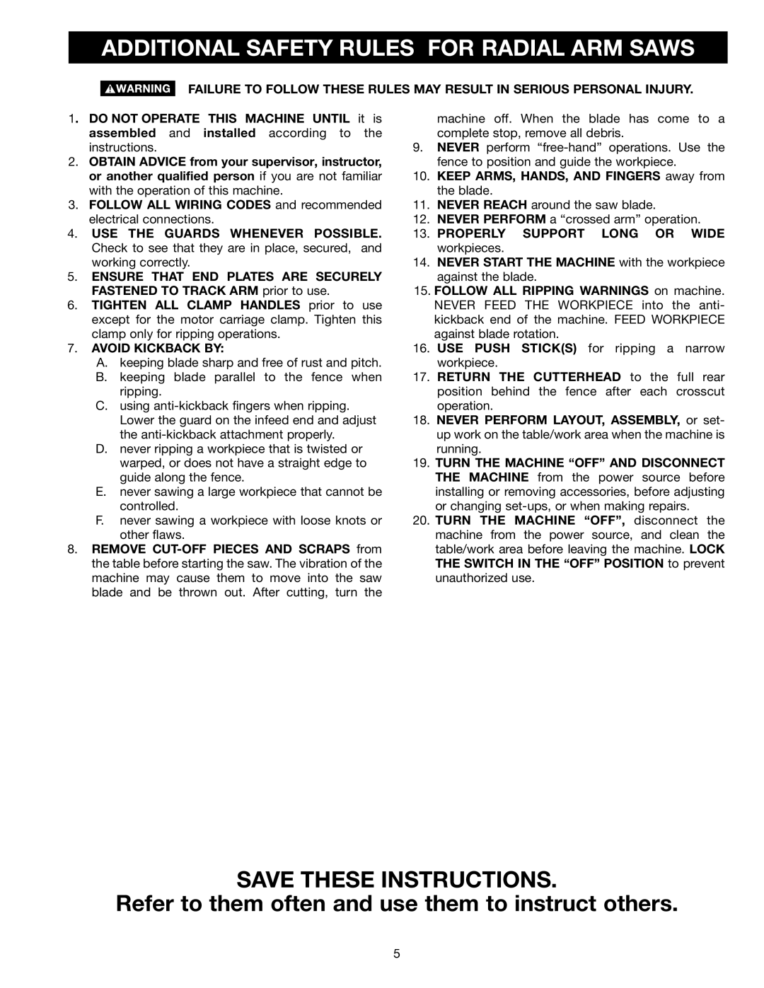 Porter-Cable 33-890, 33-892, 33-891, 33-895X instruction manual Additional Safety Rules for Radial ARM Saws, Avoid Kickback by 