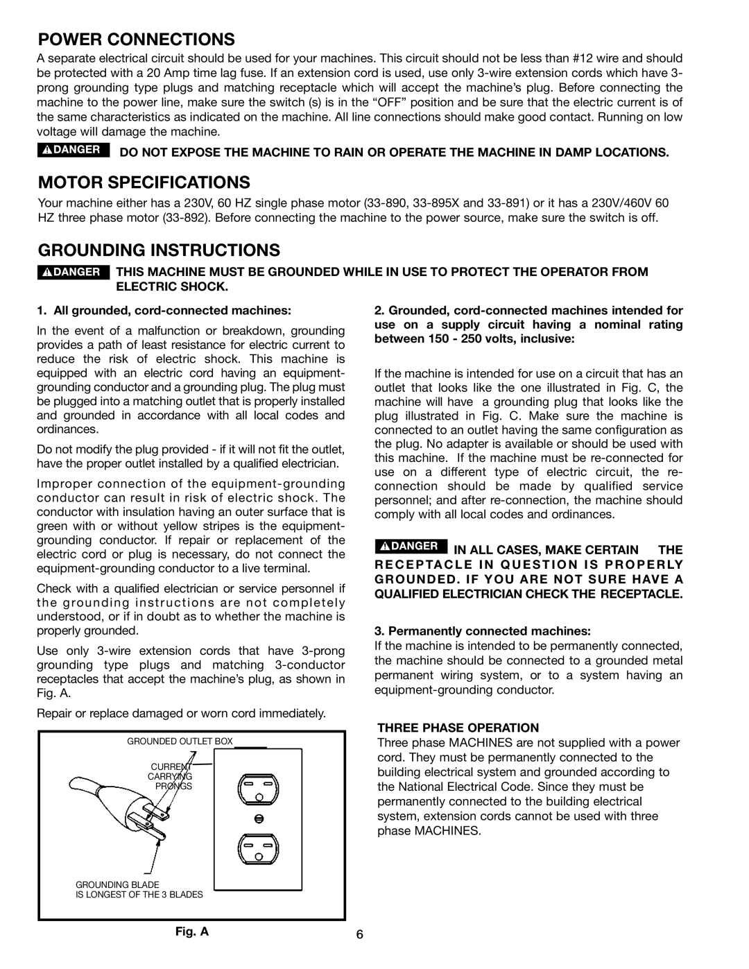 Porter-Cable 33-891, 33-892, 33-890 Power Connections, Motor Specifications, Grounding Instructions, Three Phase Operation 