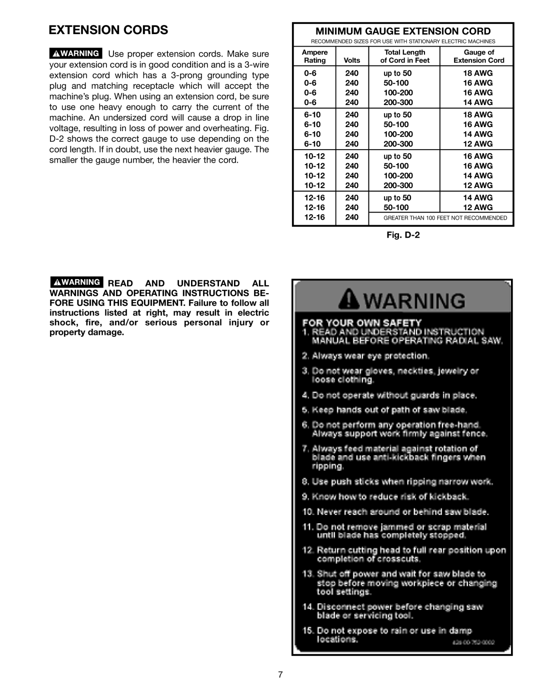 Porter-Cable 33-895X, 33-892, 33-890, 33-891 instruction manual Extension Cords, Minimum Gauge Extension Cord 