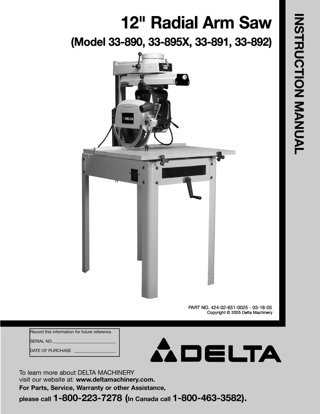 Porter-Cable 33-890 instruction manual please call 1-800-223-7278 In Canada call, Radial Arm Saw, Instruction Manual 