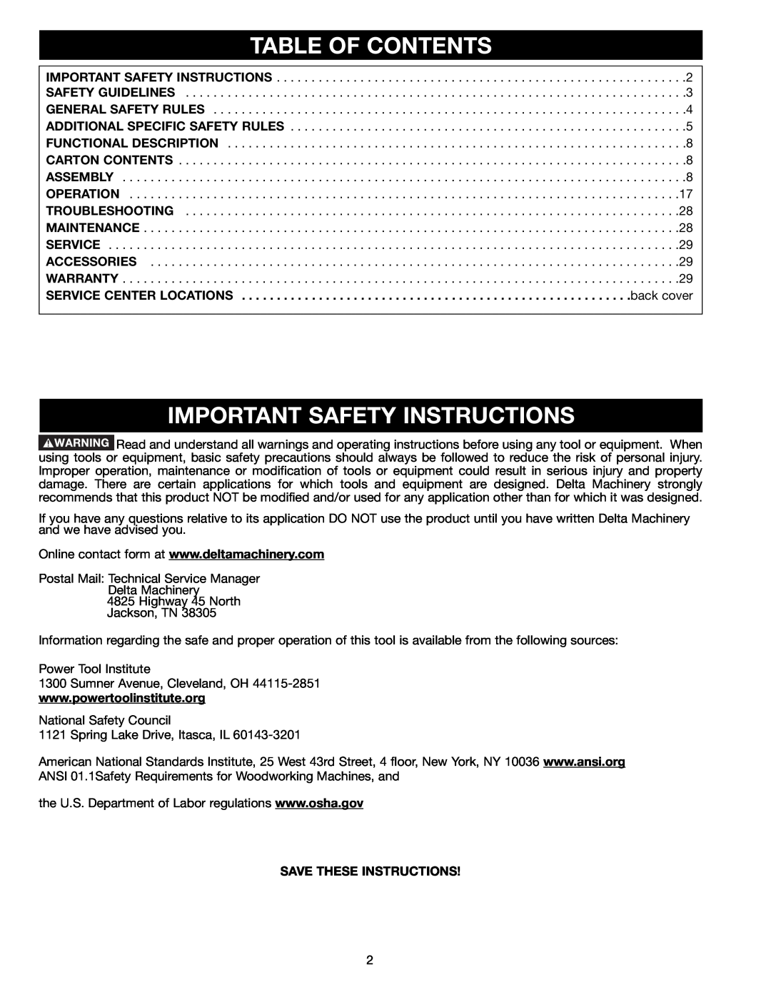 Porter-Cable 33-891, 33-892, 33-890 Table Of Contents, Important Safety Instructions, back cover, Save These Instructions 