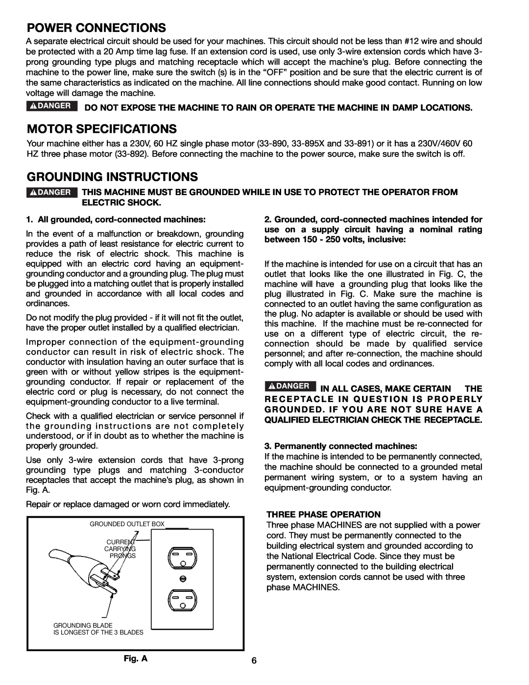 Porter-Cable 33-891 Power Connections, Motor Specifications, Grounding Instructions, All grounded, cord-connected machines 