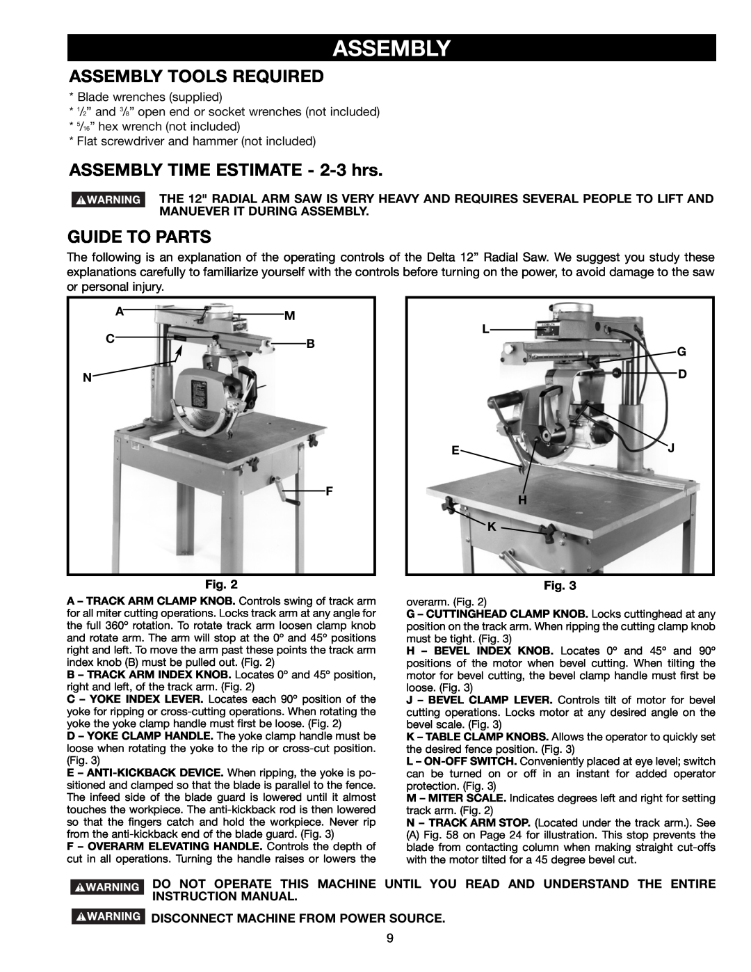 Porter-Cable 33-890 Assembly Tools Required, ASSEMBLY TIME ESTIMATE - 2-3 hrs, Guide To Parts, Am Cb N F, L G D Ej H K 
