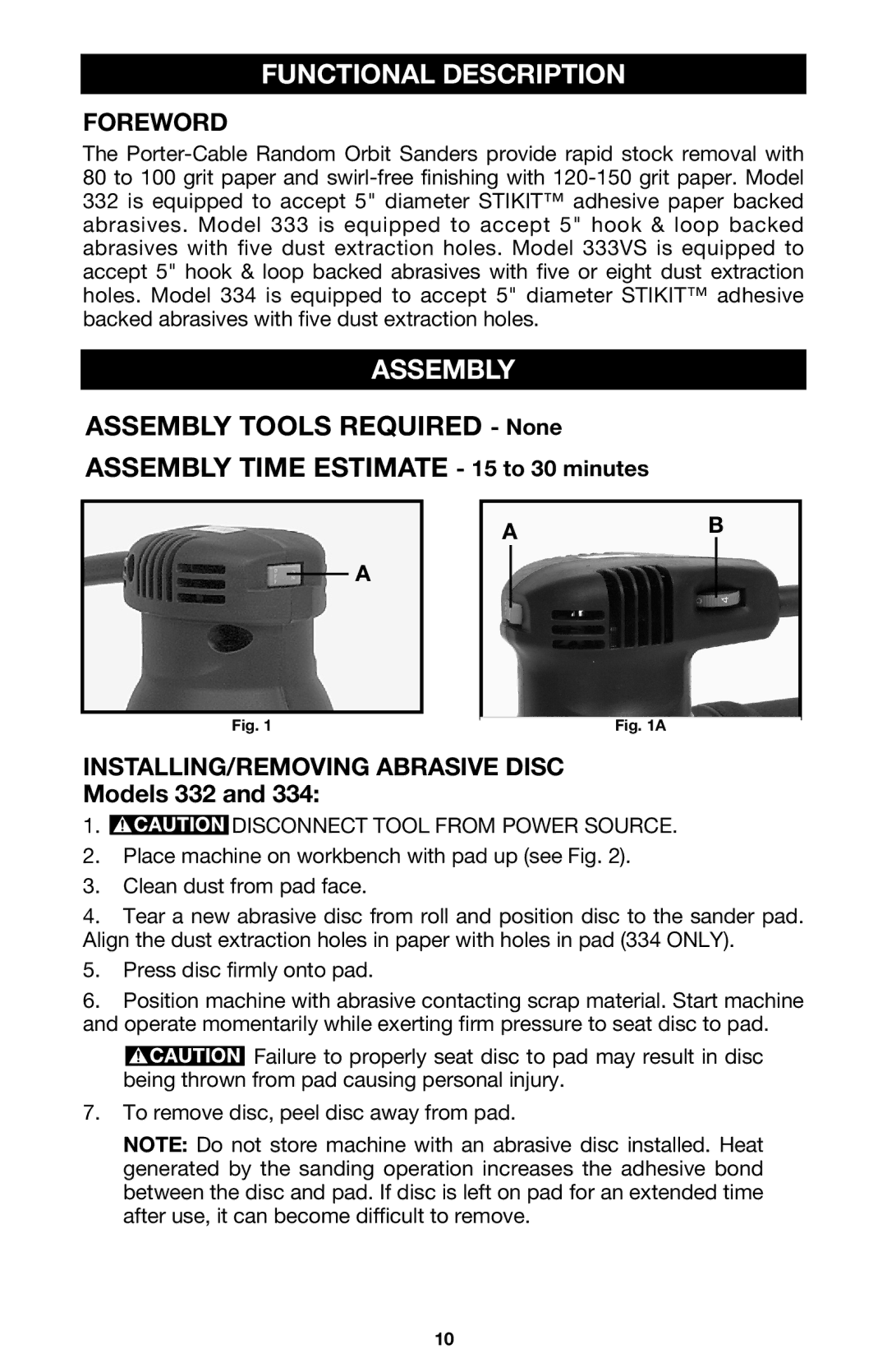 Porter-Cable 333VS Functional Description, Assembly, Foreword, INSTALLING/REMOVING Abrasive Disc, Models 332 