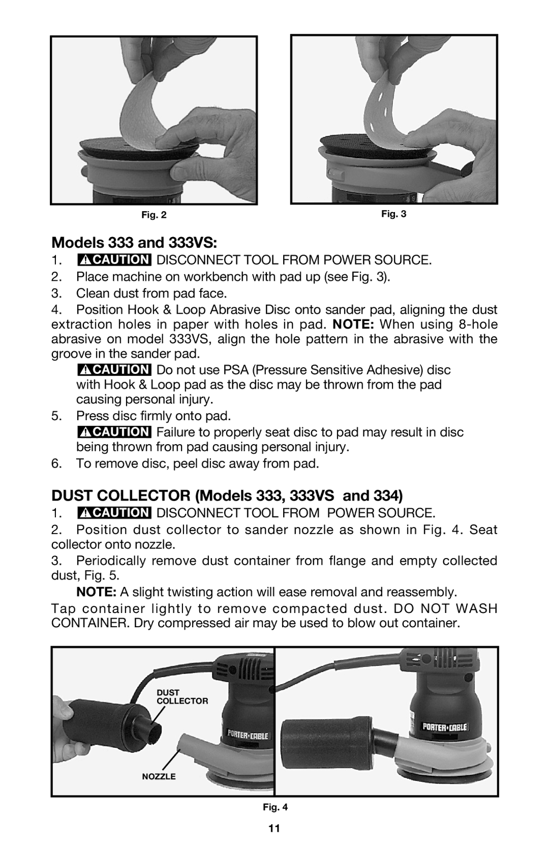 Porter-Cable instruction manual Models 333 and 333VS, Dust Collector Models 333, 333VS 