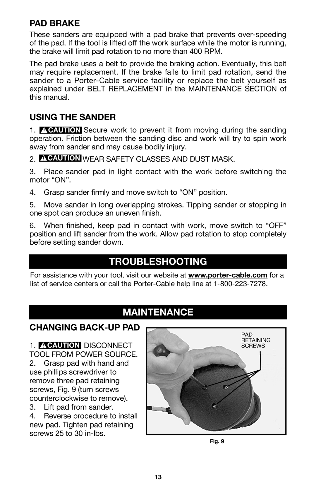 Porter-Cable 333VS instruction manual Troubleshooting Maintenance, PAD Brake, Using the Sander, Changing BACK-UP PAD 