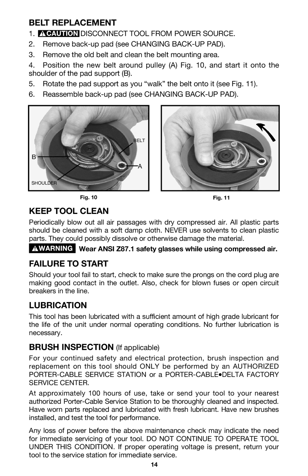 Porter-Cable 333VS Belt Replacement, Keep Tool Clean, Failure to Start, Lubrication, Brush Inspection If applicable 