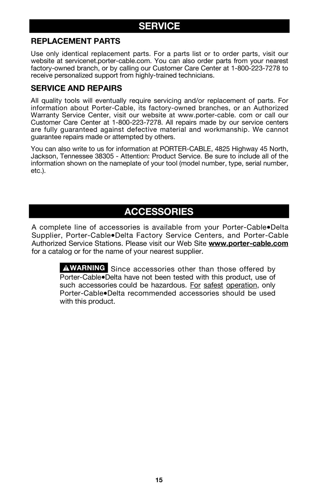 Porter-Cable 333VS instruction manual Service, Accessories 