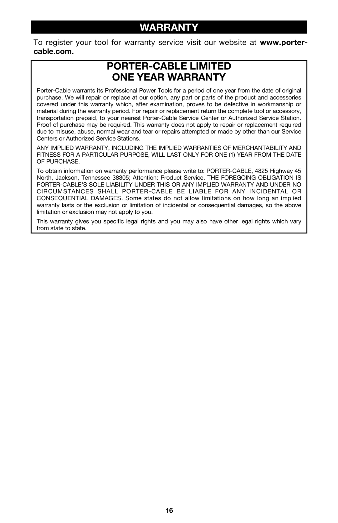 Porter-Cable 333VS instruction manual PORTER-CABLE Limited ONE Year Warranty 