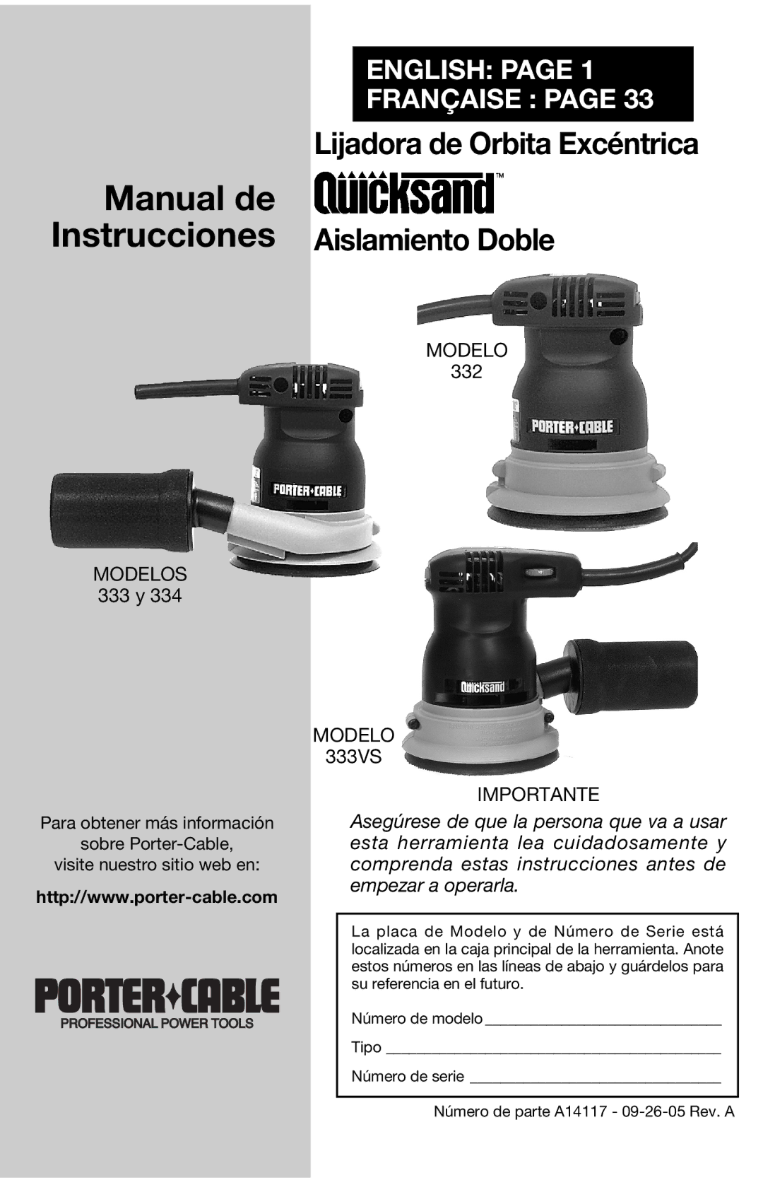 Porter-Cable 333VS instruction manual Modelos, Importante 