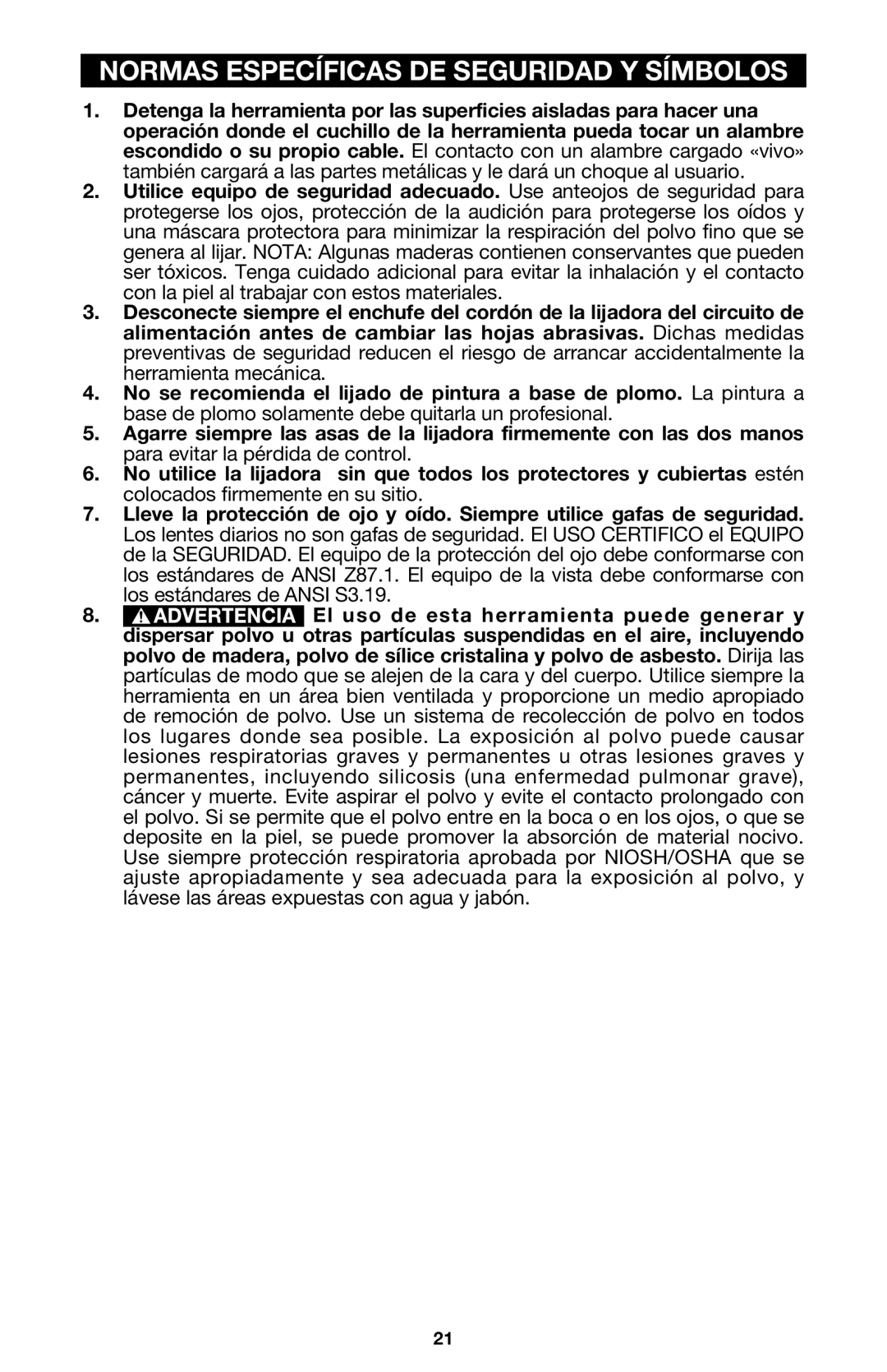 Porter-Cable 333VS instruction manual Normas Específicas DE Seguridad Y Símbolos 