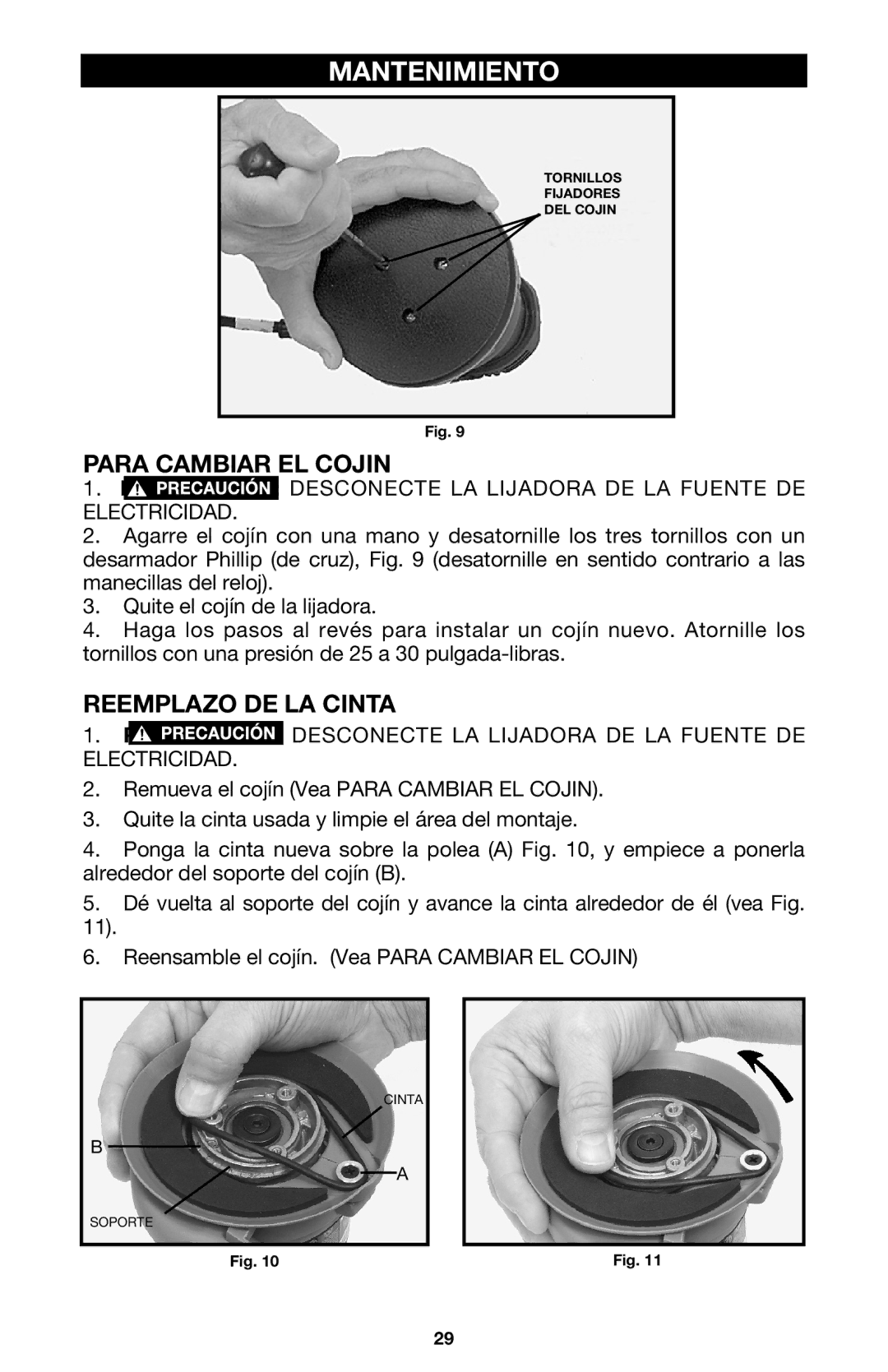 Porter-Cable 333VS instruction manual Mantenimiento, Para Cambiar EL Cojin, Reemplazo DE LA Cinta 