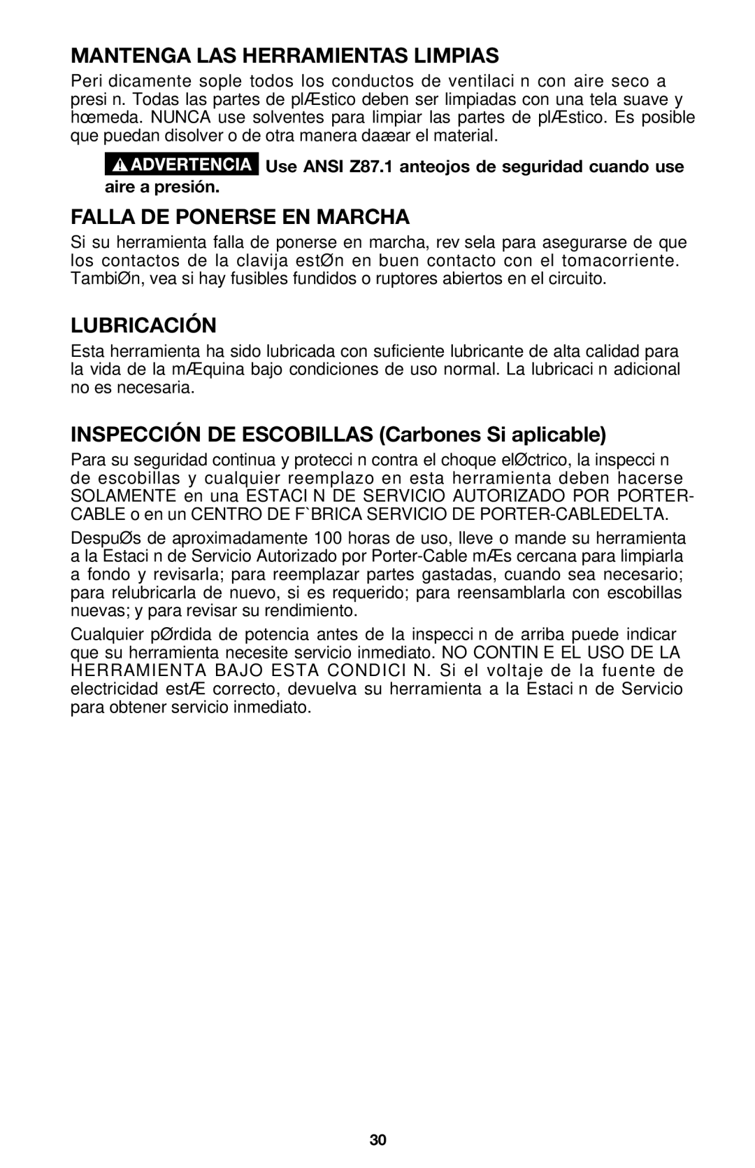 Porter-Cable 333VS instruction manual Mantenga LAS Herramientas Limpias, Falla DE Ponerse EN Marcha, Lubricación 