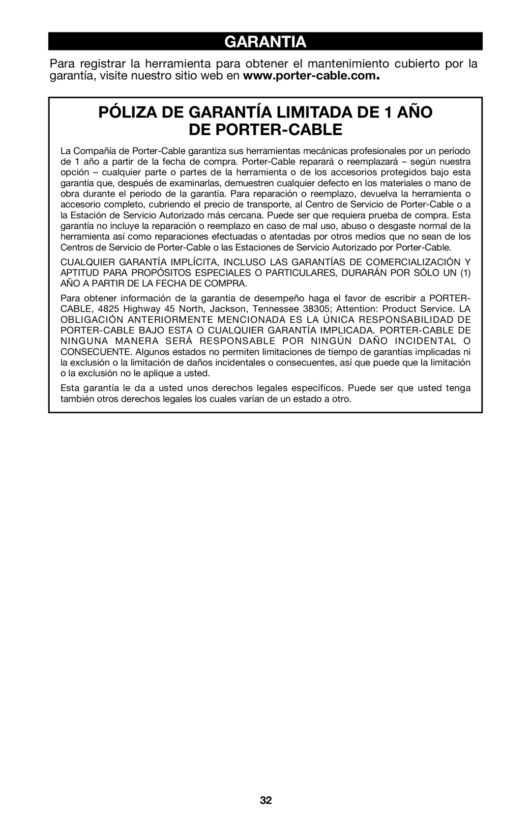 Porter-Cable 333VS instruction manual Garantia, Póliza DE Garantía Limitada DE 1 AÑO DE PORTER-CABLE 