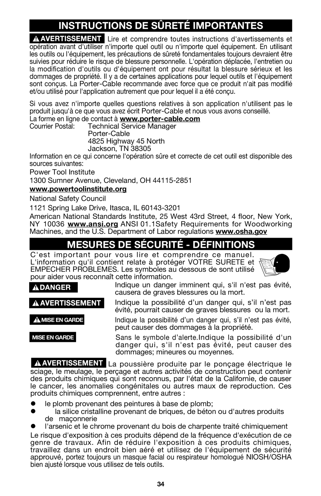 Porter-Cable 333VS instruction manual Instructions DE Sûreté Importantes, Mesures DE Sécurité Définitions 