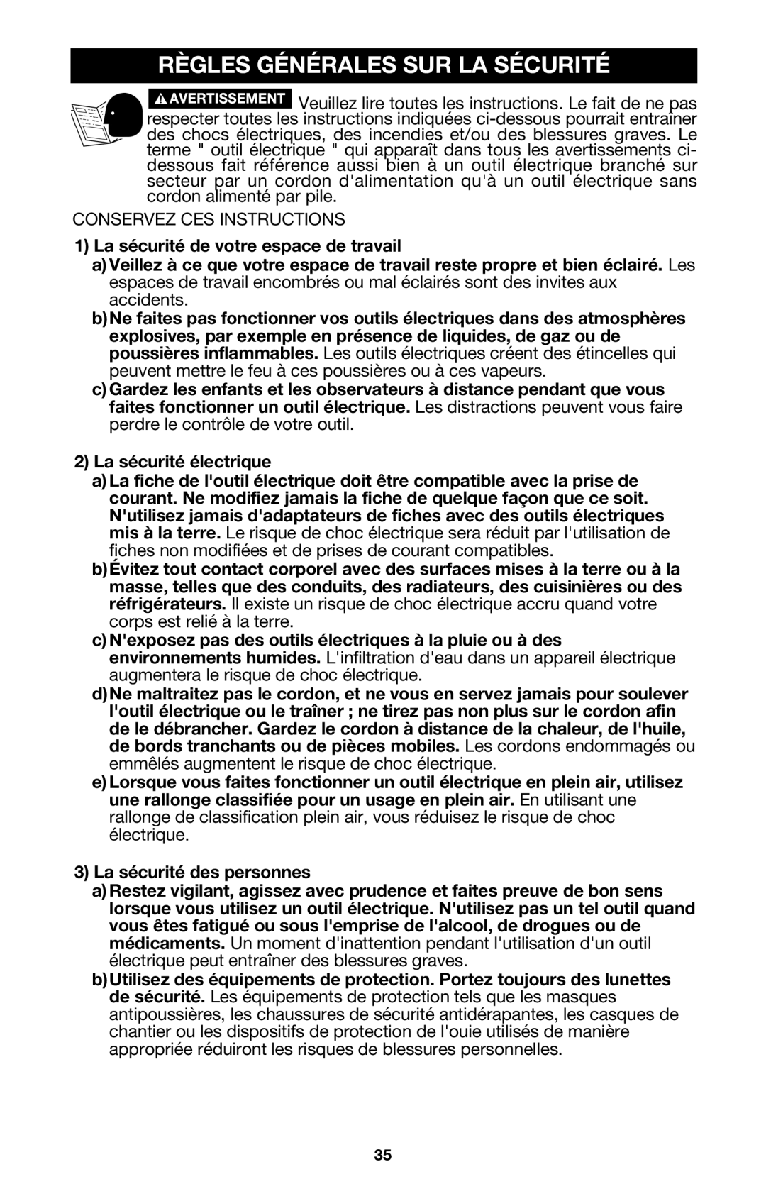 Porter-Cable 333VS instruction manual Règles Générales SUR LA Sécurité 