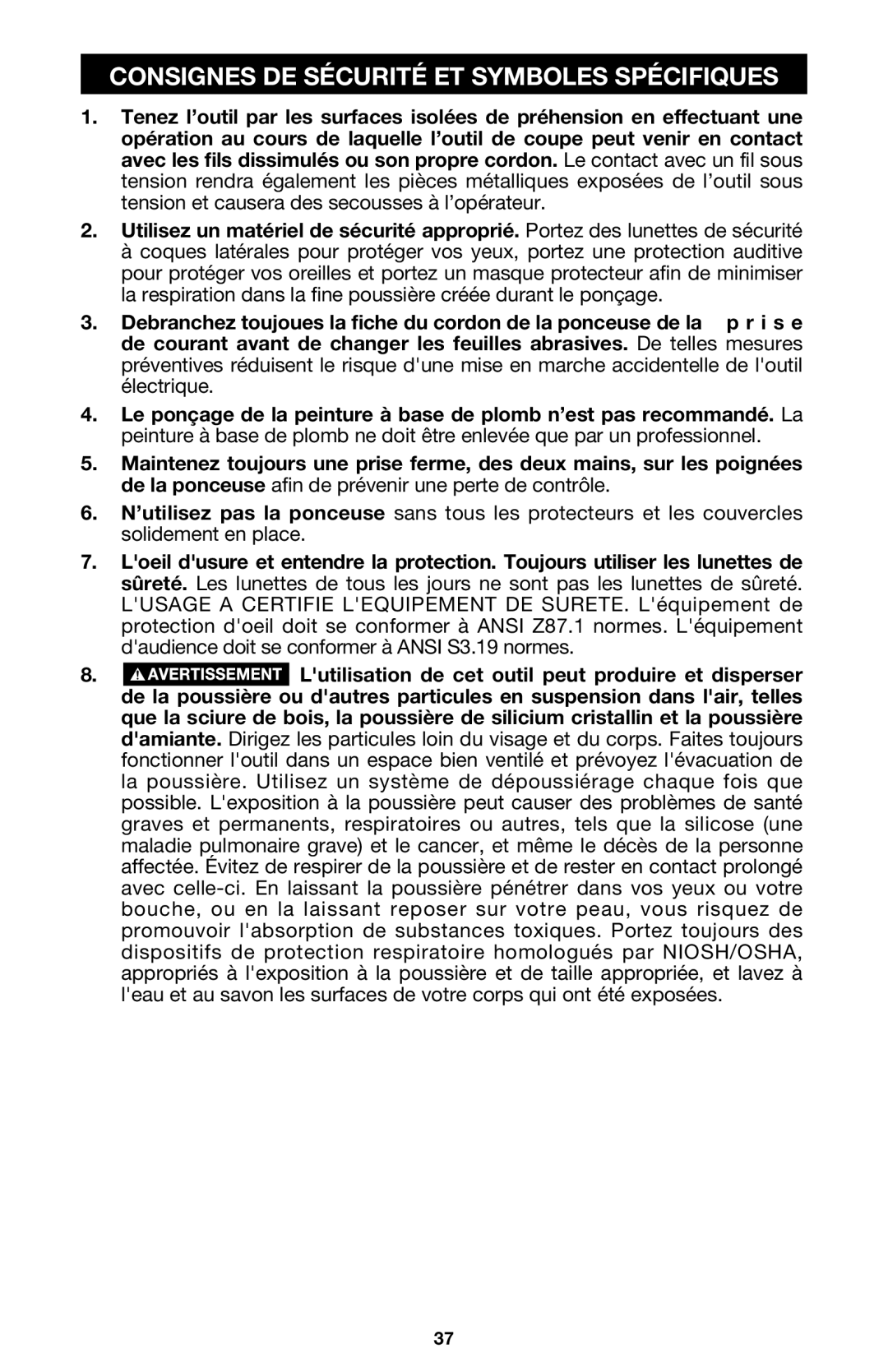 Porter-Cable 333VS instruction manual Consignes DE Sécurité ET Symboles Spécifiques 