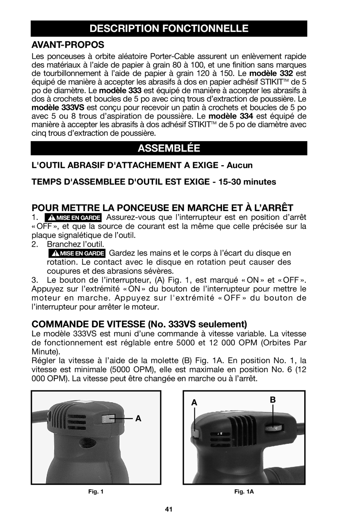 Porter-Cable 333VS Description Fonctionnelle, Assemblée, Avant-Propos, Pour Mettre LA Ponceuse EN Marche ET À L’ARRÊT 