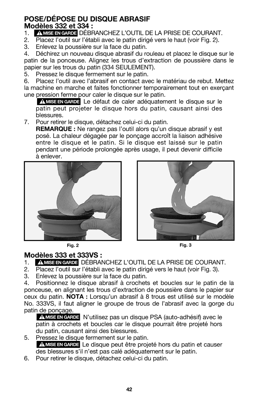 Porter-Cable instruction manual POSE/DÉPOSE DU Disque Abrasif, Modèles 332 et, Modèles 333 et 333VS 