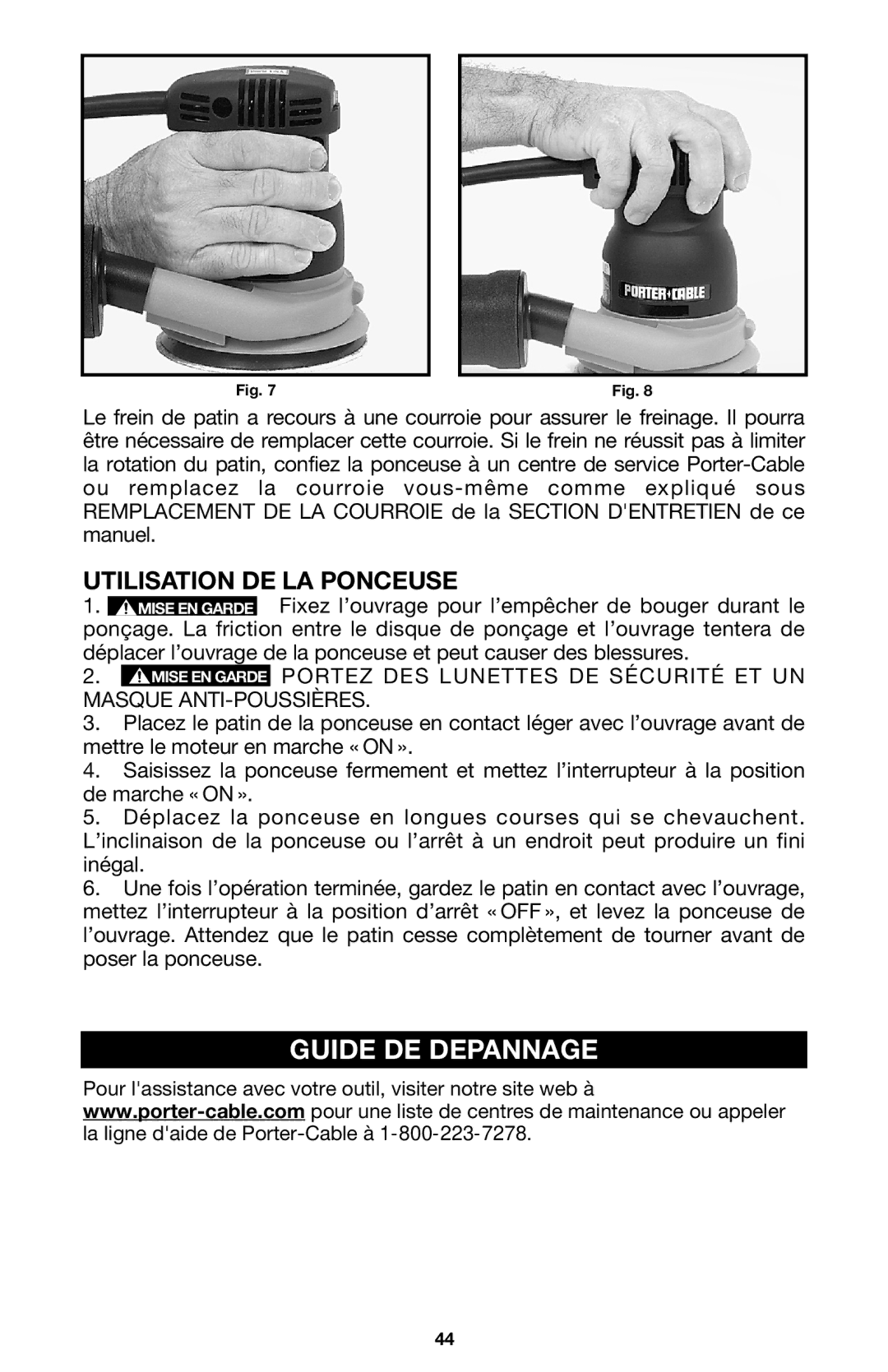 Porter-Cable 333VS instruction manual Guide DE Depannage, Utilisation DE LA Ponceuse 