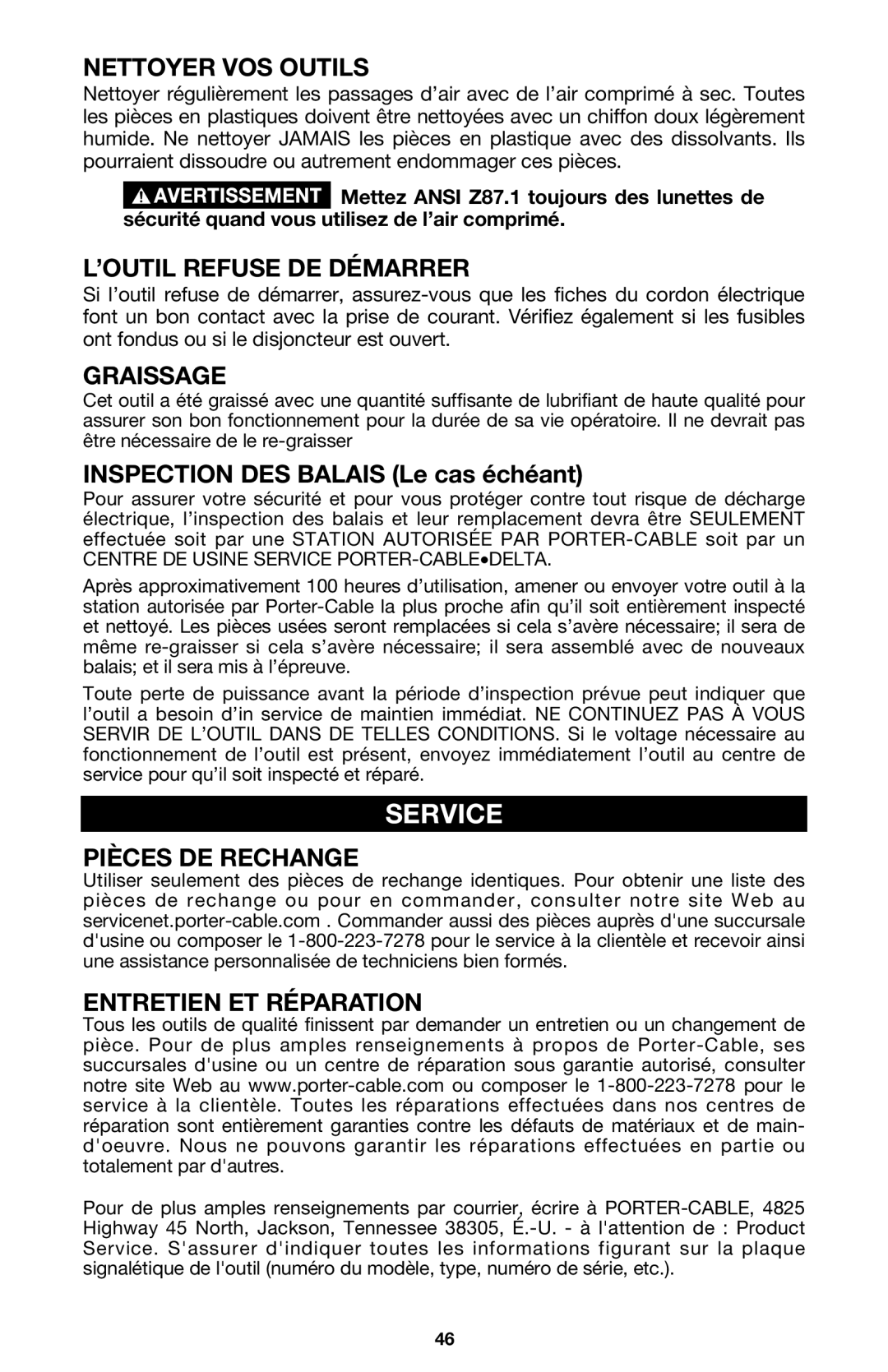 Porter-Cable 333VS Nettoyer VOS Outils, ’OUTIL Refuse DE Démarrer, Graissage, Inspection DES Balais Le cas échéant 