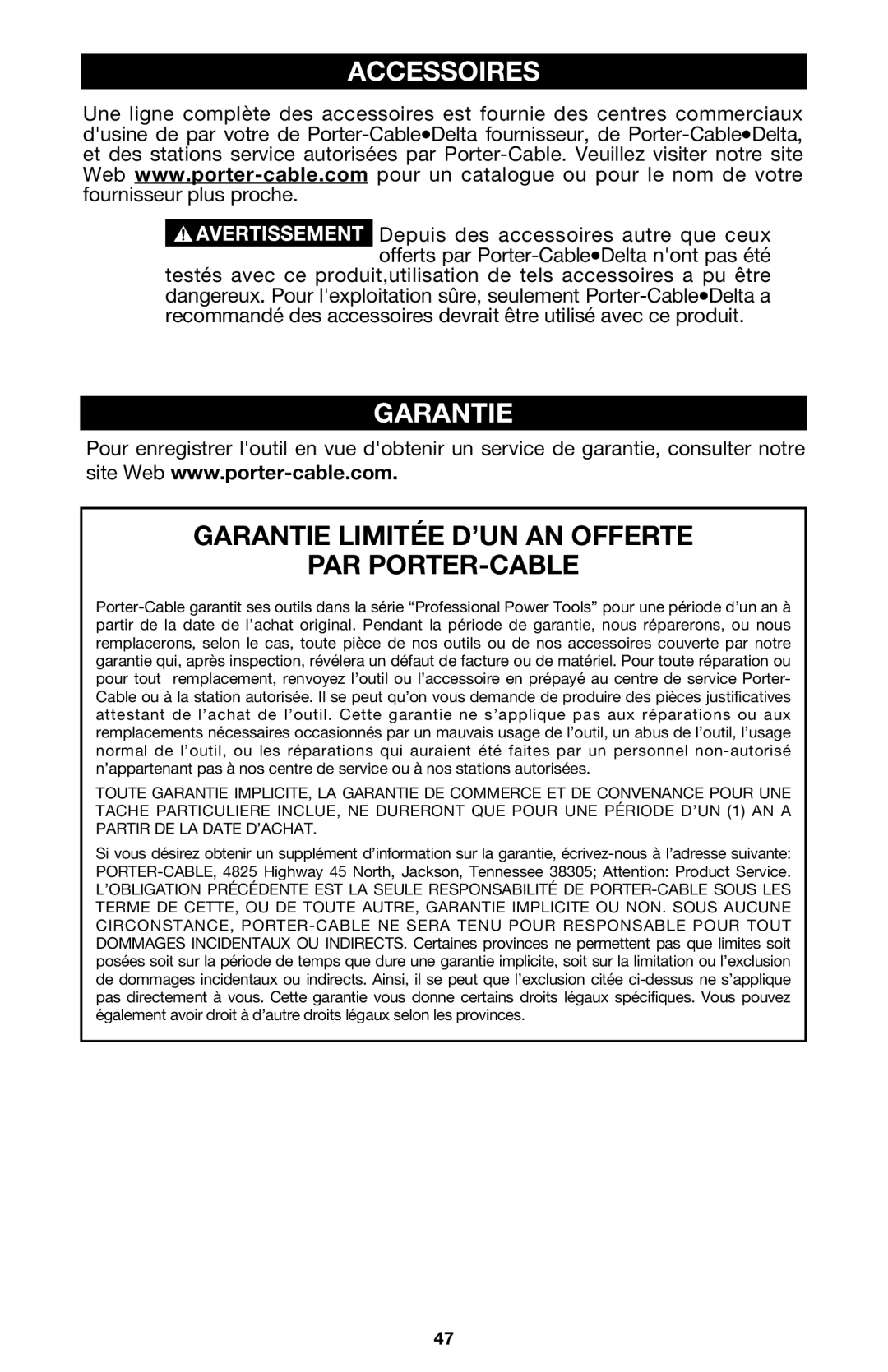 Porter-Cable 333VS instruction manual Accessoires, Garantie 