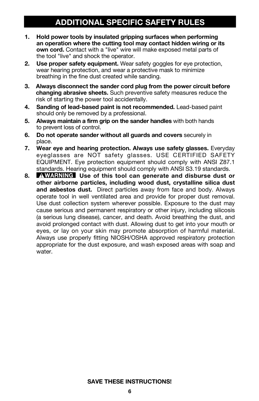 Porter-Cable 333VS instruction manual Additional Specific Safety Rules 