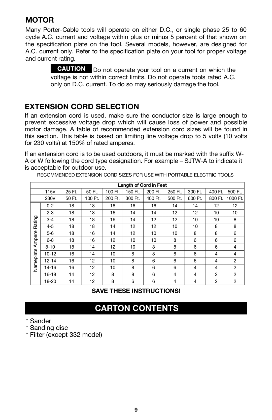 Porter-Cable 333VS instruction manual Carton Contents, Motor, Extension Cord Selection 