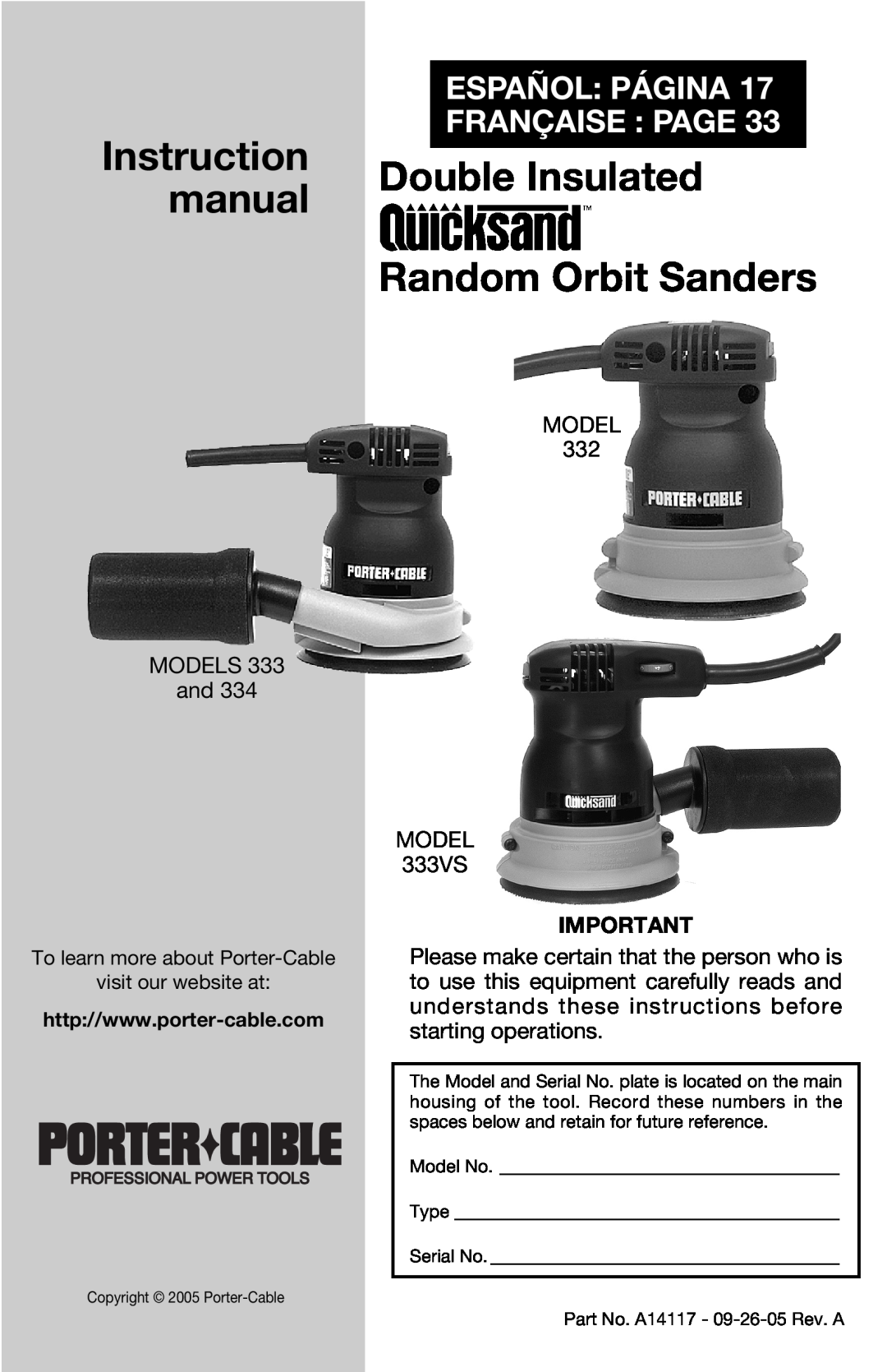 Porter-Cable 333VS instruction manual Instruction Double Insulated manual Random Orbit Sanders, Model No, Serial No 