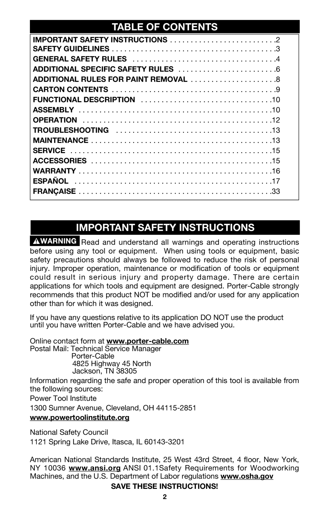 Porter-Cable 333VS instruction manual Table Of Contents, Important Safety Instructions 