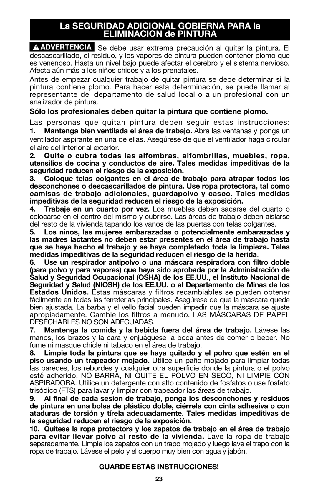 Porter-Cable 333VS instruction manual La SEGURIDAD ADICIONAL GOBIERNA PARA la ELIMINACION de PINTURA 