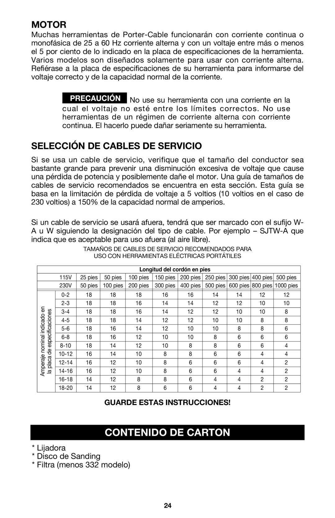 Porter-Cable 333VS instruction manual Contenido De Carton, Selección De Cables De Servicio, Motor 