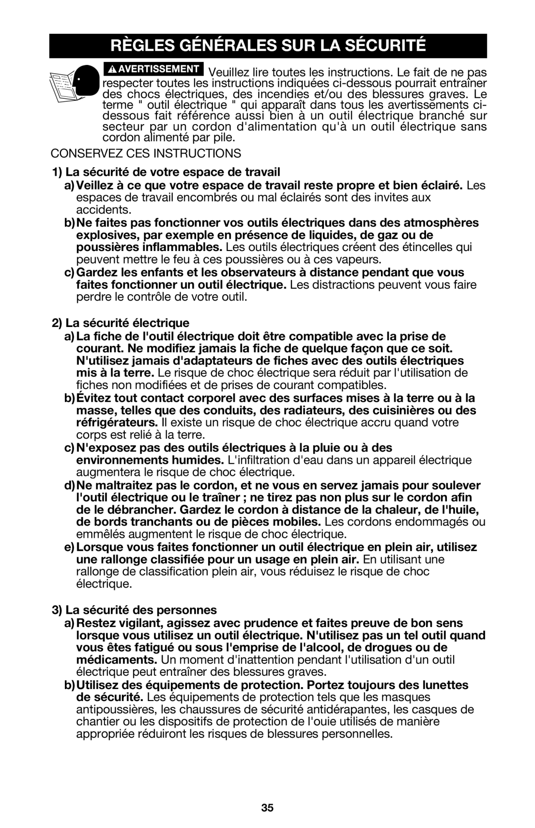 Porter-Cable 333VS instruction manual Règles Générales Sur La Sécurité 
