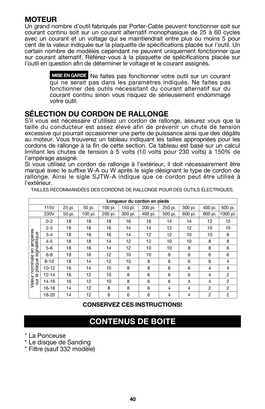 Porter-Cable 333VS instruction manual Contenus De Boite, Moteur, Sélection Du Cordon De Rallonge 