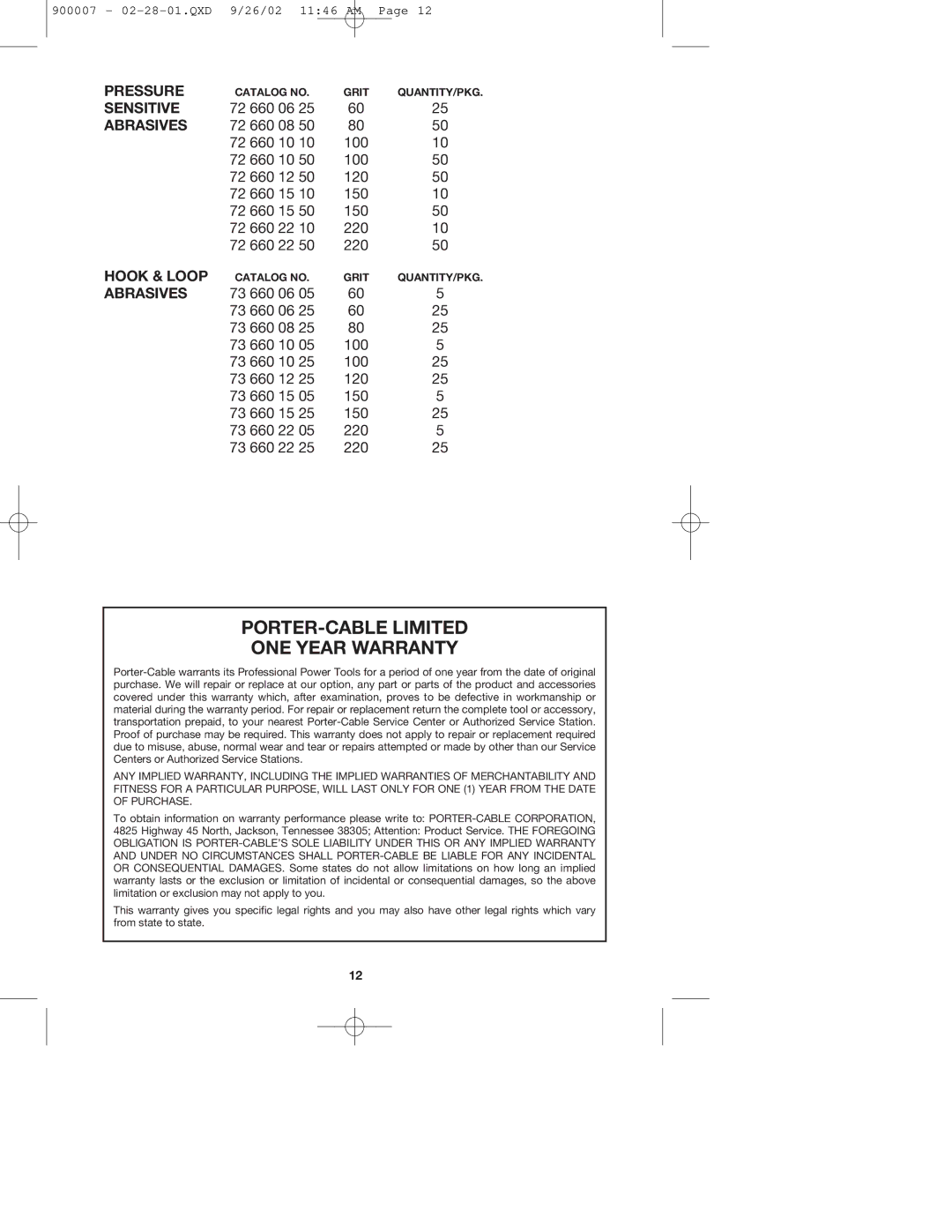 Porter-Cable 335 instruction manual PORTER-CABLE Limited ONE Year Warranty 