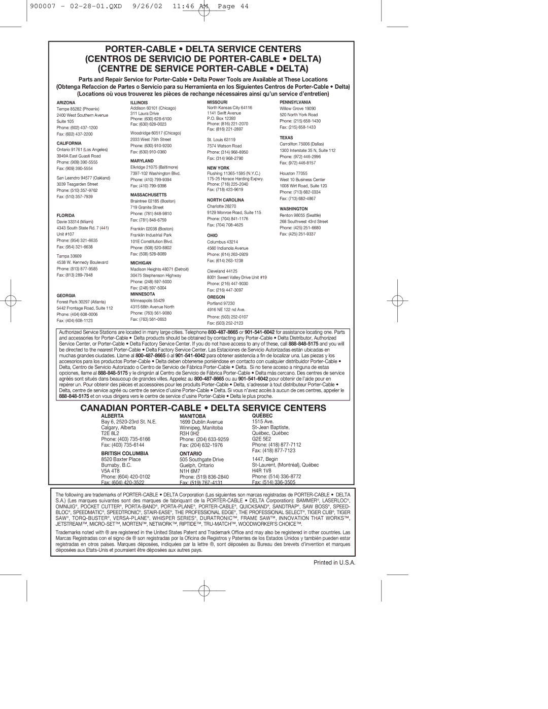 Porter-Cable 335 instruction manual Canadian PORTER-CABLE Delta Service Centers 