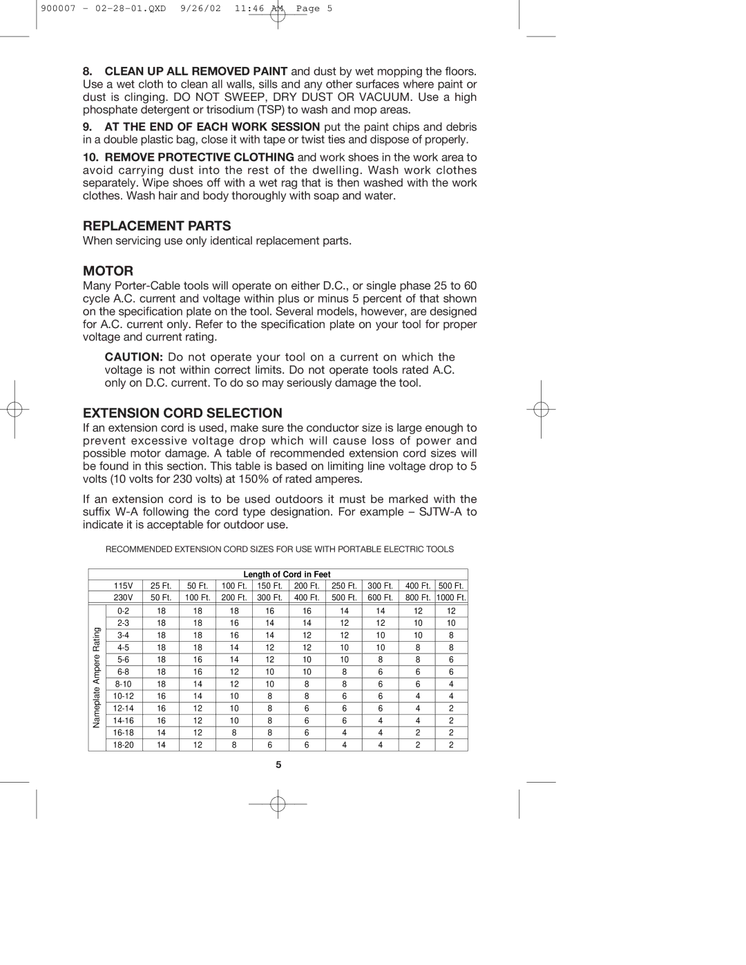 Porter-Cable 335 instruction manual Replacement Parts, Motor, Extension Cord Selection 