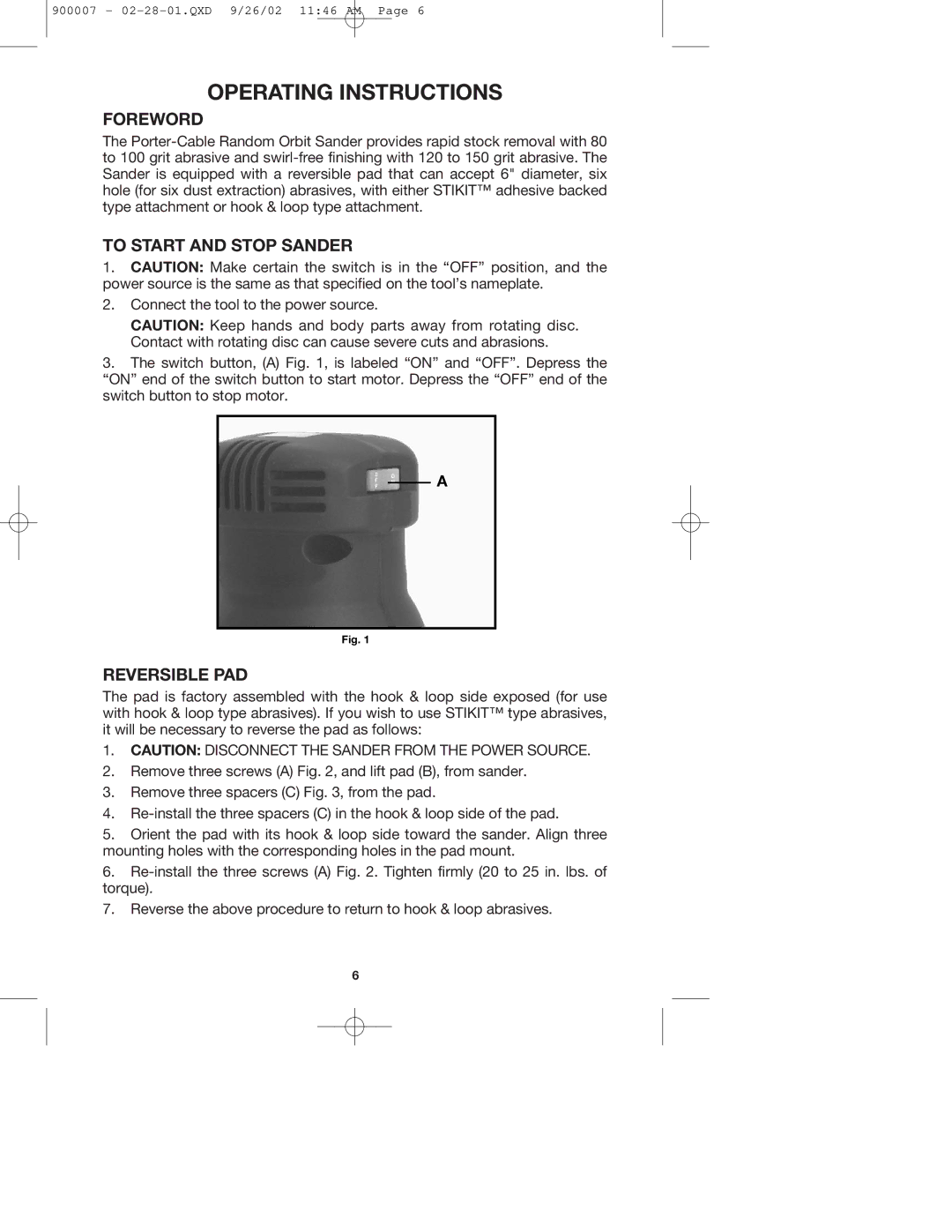 Porter-Cable 335 instruction manual Operating Instructions, Foreword, To Start and Stop Sander, Reversible PAD 