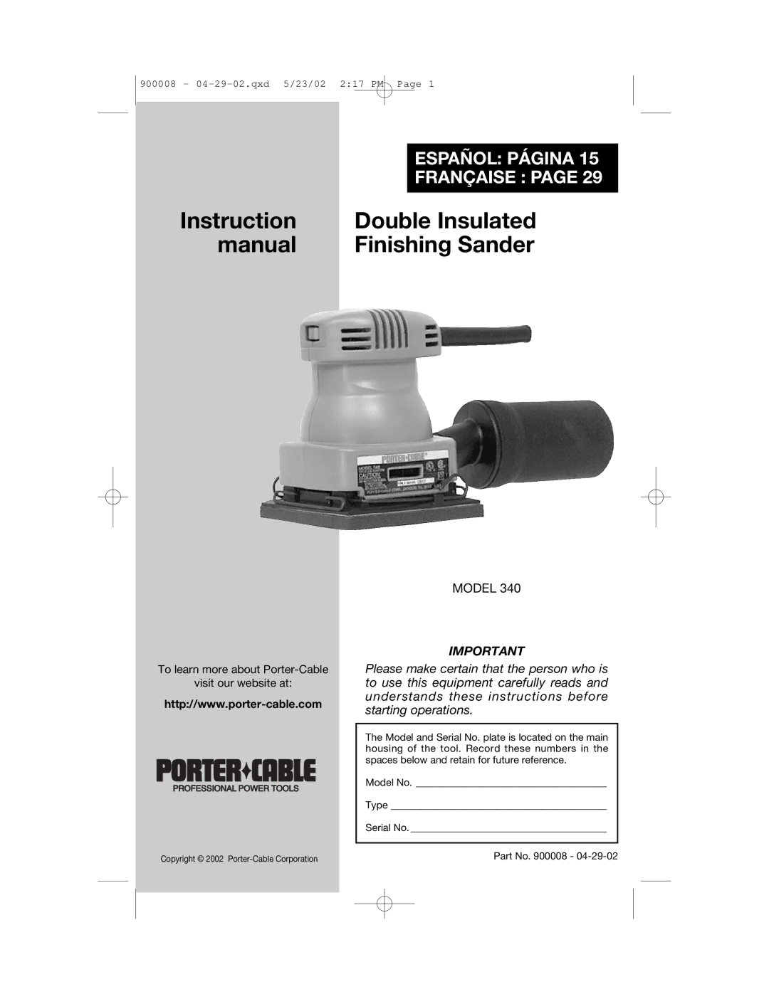 Porter-Cable 340 instruction manual Double Insulated 