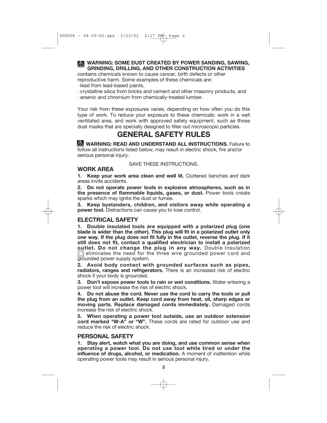 Porter-Cable 340 instruction manual General Safety Rules, Work Area, Electrical Safety, Personal Safety 